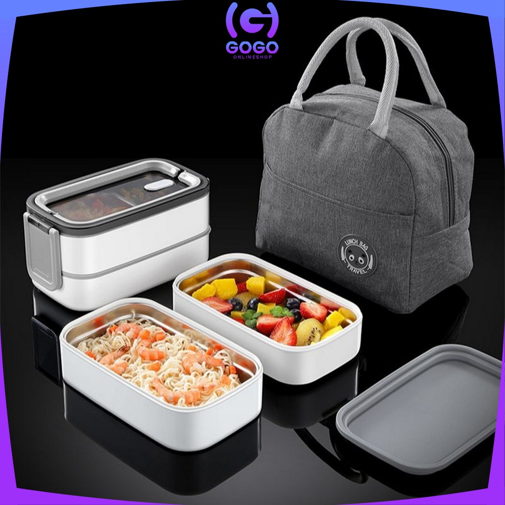 GOGO-C376 Lunch Box Double Layer Kotak Makan 2 Tingkat Kotak Bekal / Bento Box 4 Sekat / Rantang Susun 2 / Tempat Makanan Susun