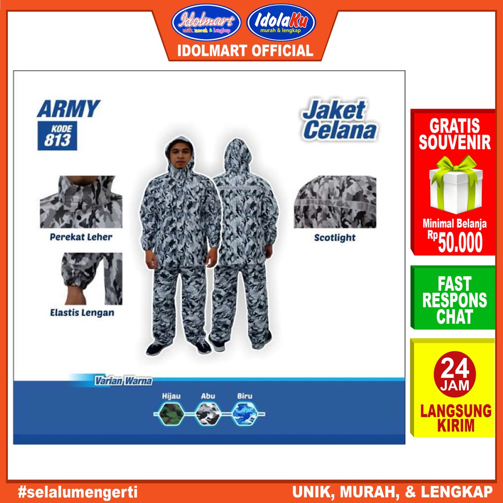 IDOLAKU PLEVIA Jas Hujan Jaket Celana Army 813 Plevia Semarang