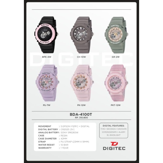 JAM TANGAN WANITA DIGITEC DA 4100 / DIGITEC 4100 / BDA 4100 ORIGINAL TALI RUBBER ANALOG DIGITAL