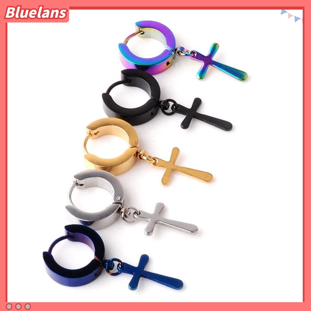 1 Pc Anting Hoop Dangle Cross Bahan Stainless Steel Gaya Korea Untuk Unisex