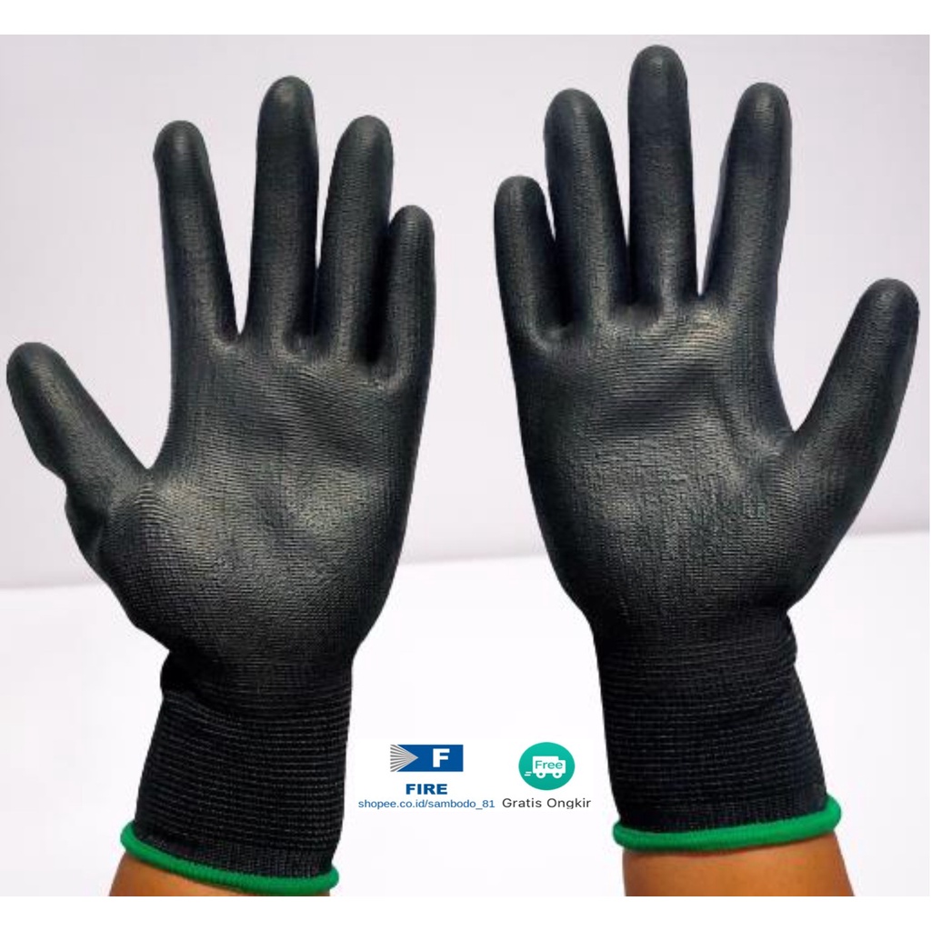 Sarung Tangan PU Statis Multitask Karet Palm Fit Ukuran S,M, L, XL Proyek Satpam Anti Slip Hitam Black Hand Gloves Mekanik Montir Berkebun Tukang Telapak Tangan dilapisi karet Bahan Nylon Polyester