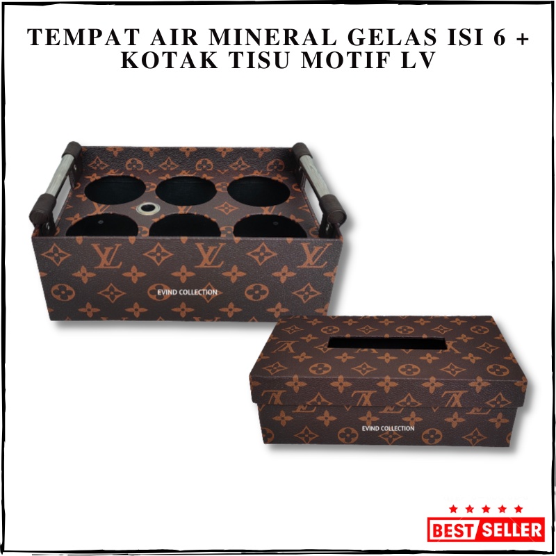 Tempat Aqua Gelas Motif Isi 6 Cup + Tempat Tisu Kulit Sintetis Keranjang Air Mineral