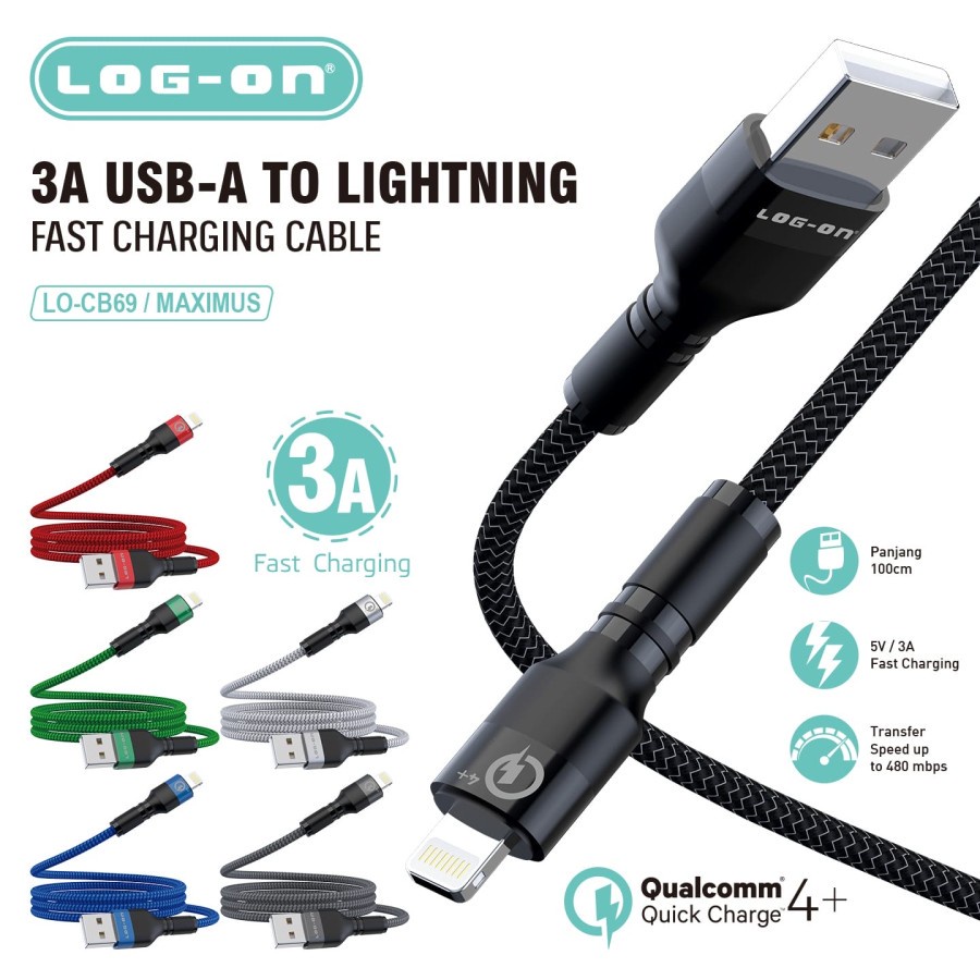 KABEL CHARGER LOG ON MICRO USB TYPE-C LIGHTNING 3A MAXIMUS QUALCOMM 4+ BRAIDED NYLON LO-CB69