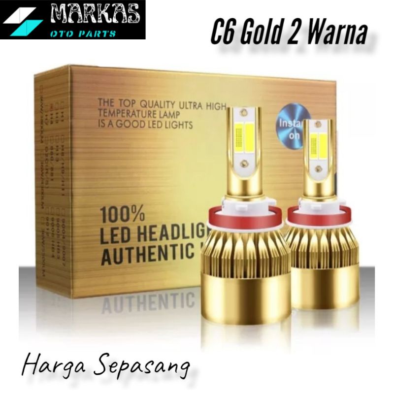 Lampu Led Mobil C6 Gold 2 Warna Headlamp Foglamp H11 H7 HB3/9005 HB4/9006 COB 36Watt 1set 2pcs