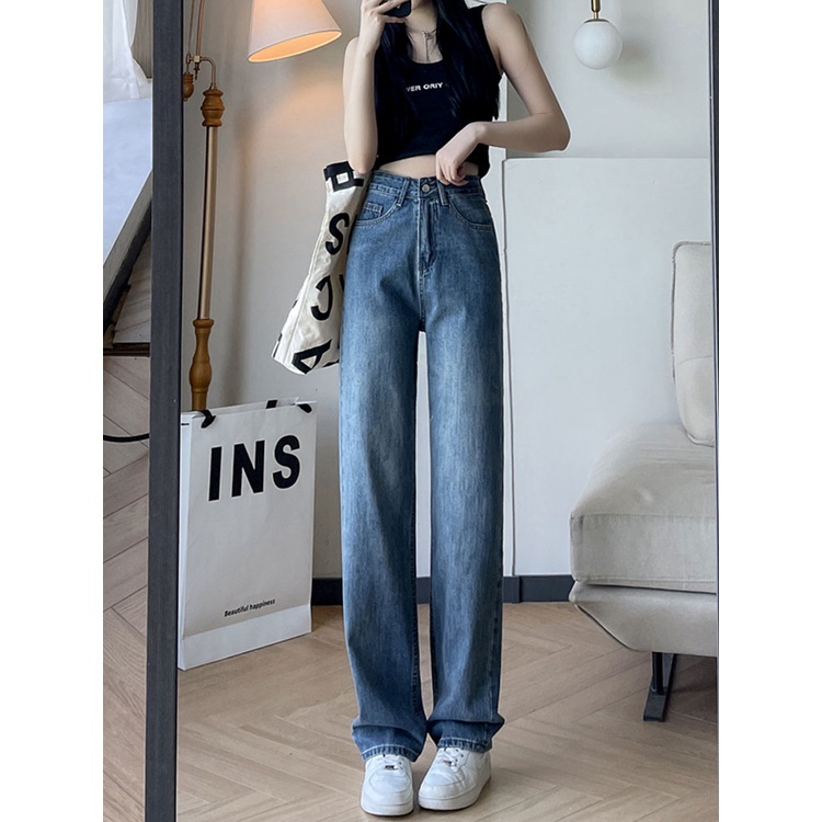 Biru Retro Hight Waist Kulot Celana Jeans Wanita Korea