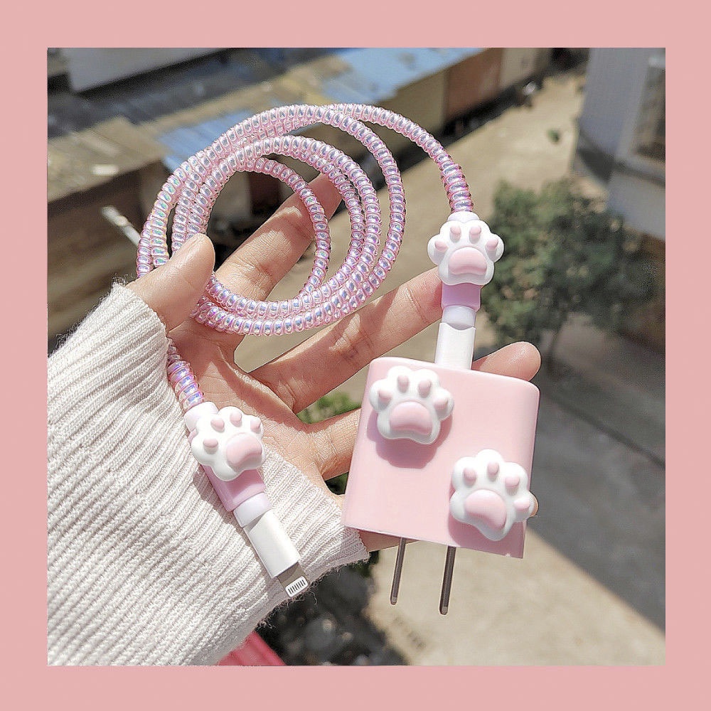 1 Set Pelindung Kabel Data Power Charger 18W 20W Bentuk Telapak Kaki Kucing Pink Untuk IPhone