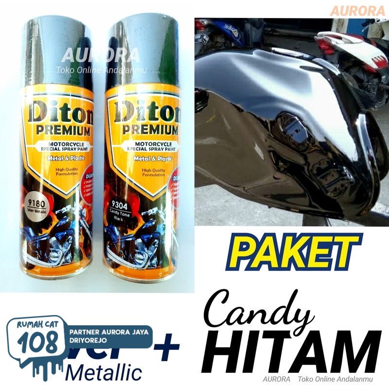 

PAKET Diton Premium Candy Tone Black 9304 + Silver Metallic 9180 / Candytone Hitam Kenditon Cat Semprot Pilok Pylox Pilox 400ml