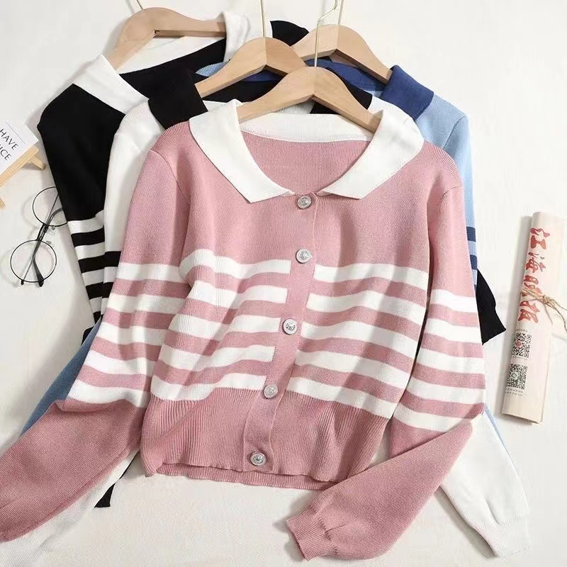 Della Cardi Top Polo Stripes Knit Import - Outer Knitwear Wanita - Atasan Rajut Import TM (23213)