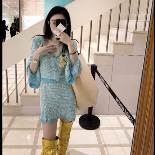 Dua setelan one-piece wanita musim semi dan musim panas rami jarum tebal benang bulu mata setelan ro