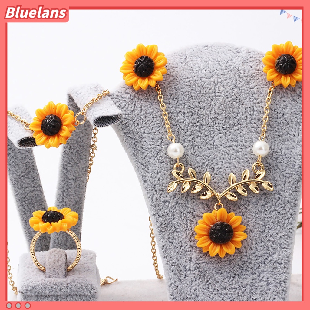 4pcs / Set Kalung Cincin Bentuk Bunga Matahari Daun Bahan Stainless Untuk Wanita