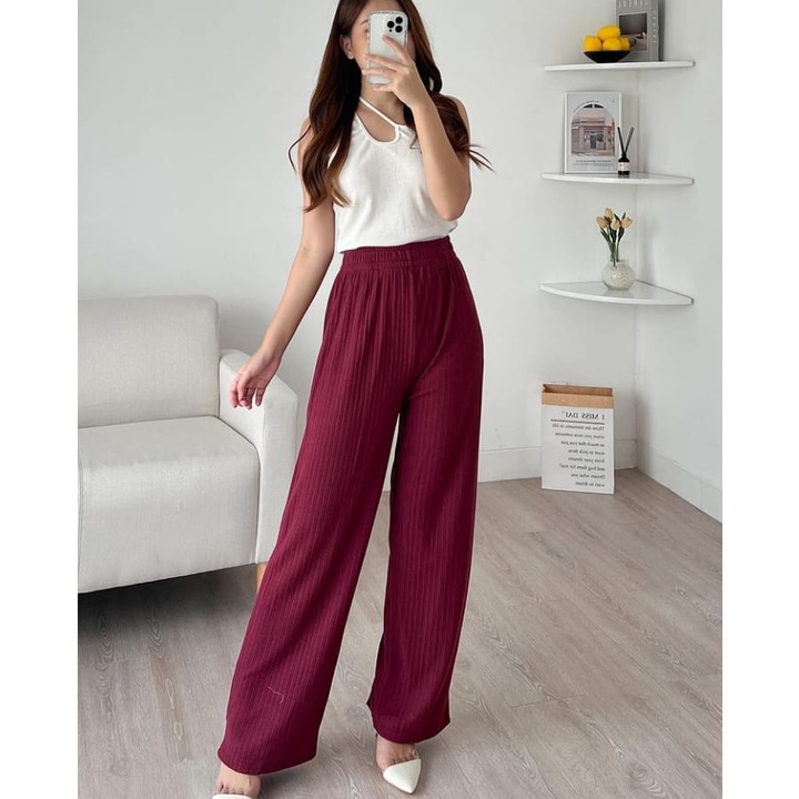 KIA KNIT PANTS HIGH WAIST PREMIUM KOREA - CULLOTES KNIT LONG PANTS - KOREAN LOOSE PANTS TROUSERS WANITA - LOUNGEWEAR - CELANA KULOT SALUR BESAR COMFY WANITA JUMBO XXL XXXL BERKUALITAS - CELANA CASUAL FULL KARET - HADIAH / KADO ULTAH CEWEK