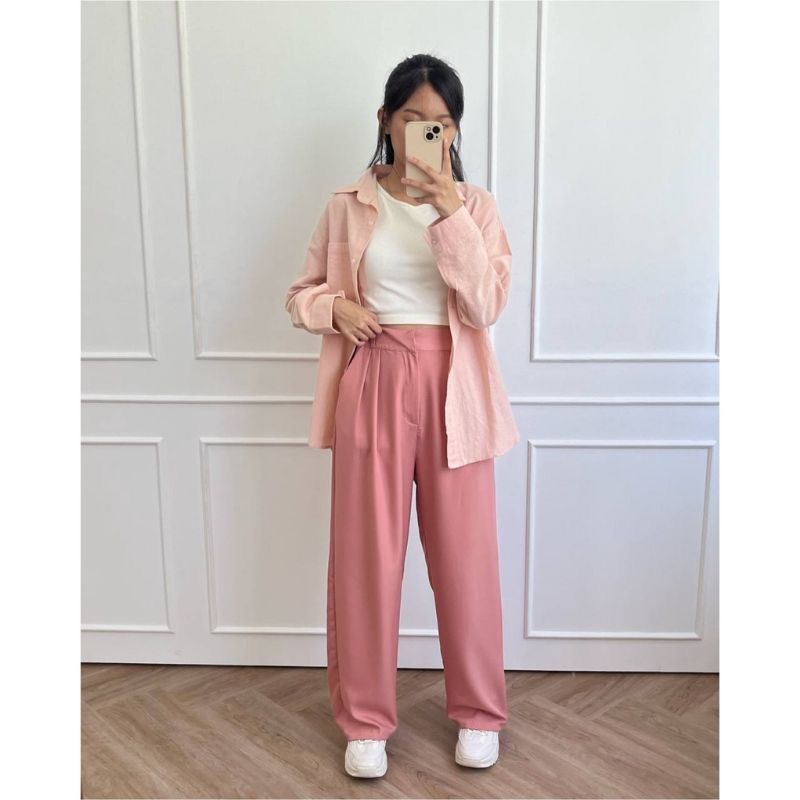 CELANA KULOT CRINKLE HIGWAIST WANITA LOOSE CULLOTE PANTS-Loose dusty