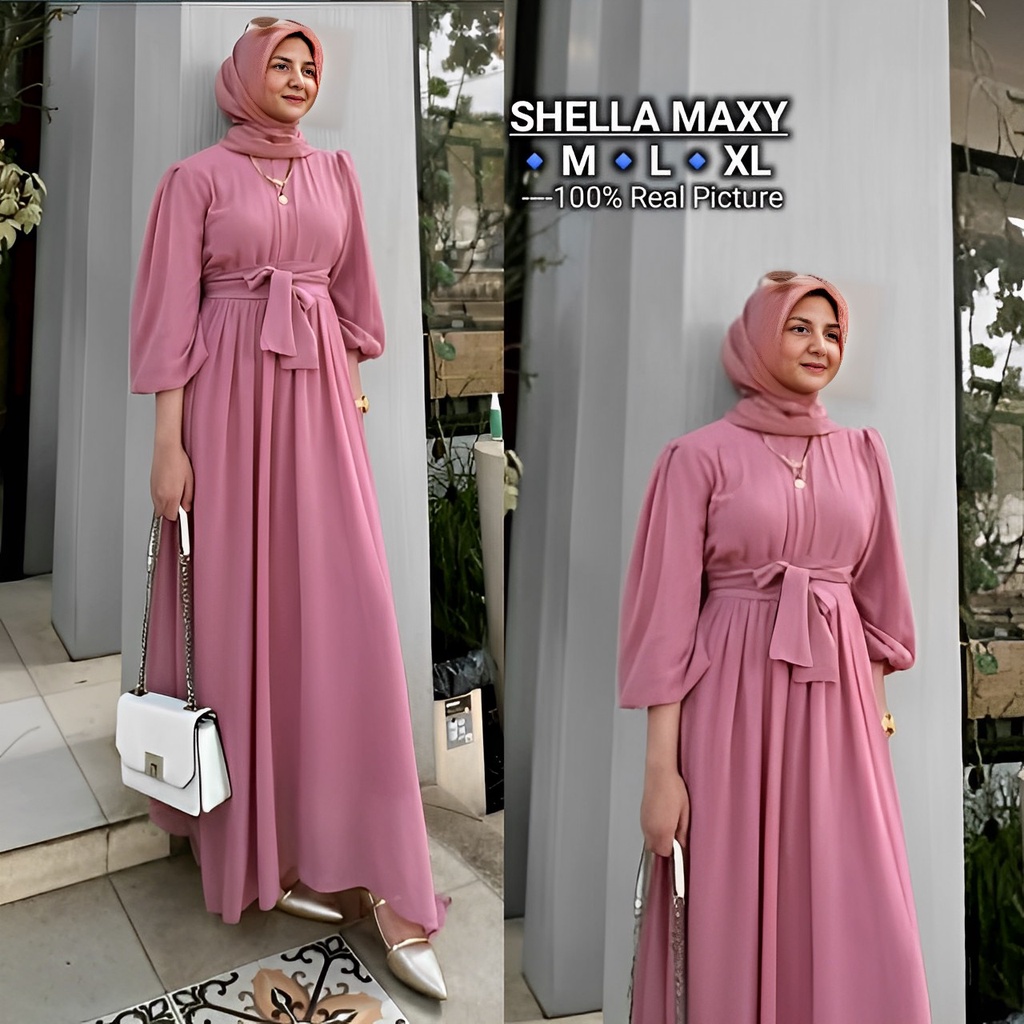 Shella Dress Gamis Wanita Remaja Kondangan Motif Polos Bahan Ceruty Babydoll Size M L XL Kekinian Te