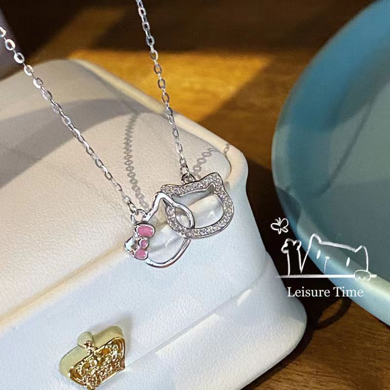 Mhang Kalung Rantai Liontin Hello Kitty Hias Berlian Imitasi Warna Pink Gaya Korea Untuk Wanita
