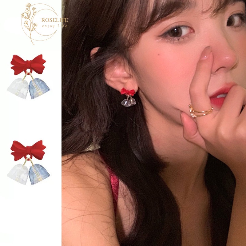 Anting Stud Desain Lonceng Natal Warna Merah Emas Aksen Kristal Gaya Korea Untuk Wanita