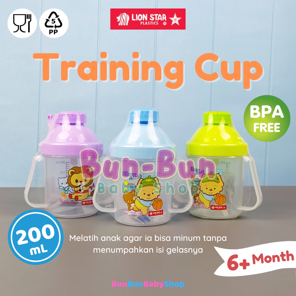 LION STAR Training Cup Bayi Anti Tumpah +6 bulan Gelas Mug Sedot Tempat Botol Minum Sedotan Baby New Born Boy Girl Laki Perempuan Unisex Lucu Perlengkapan Makan Balita Peralatan Feeding Kado Gift Bunbunbabyshop