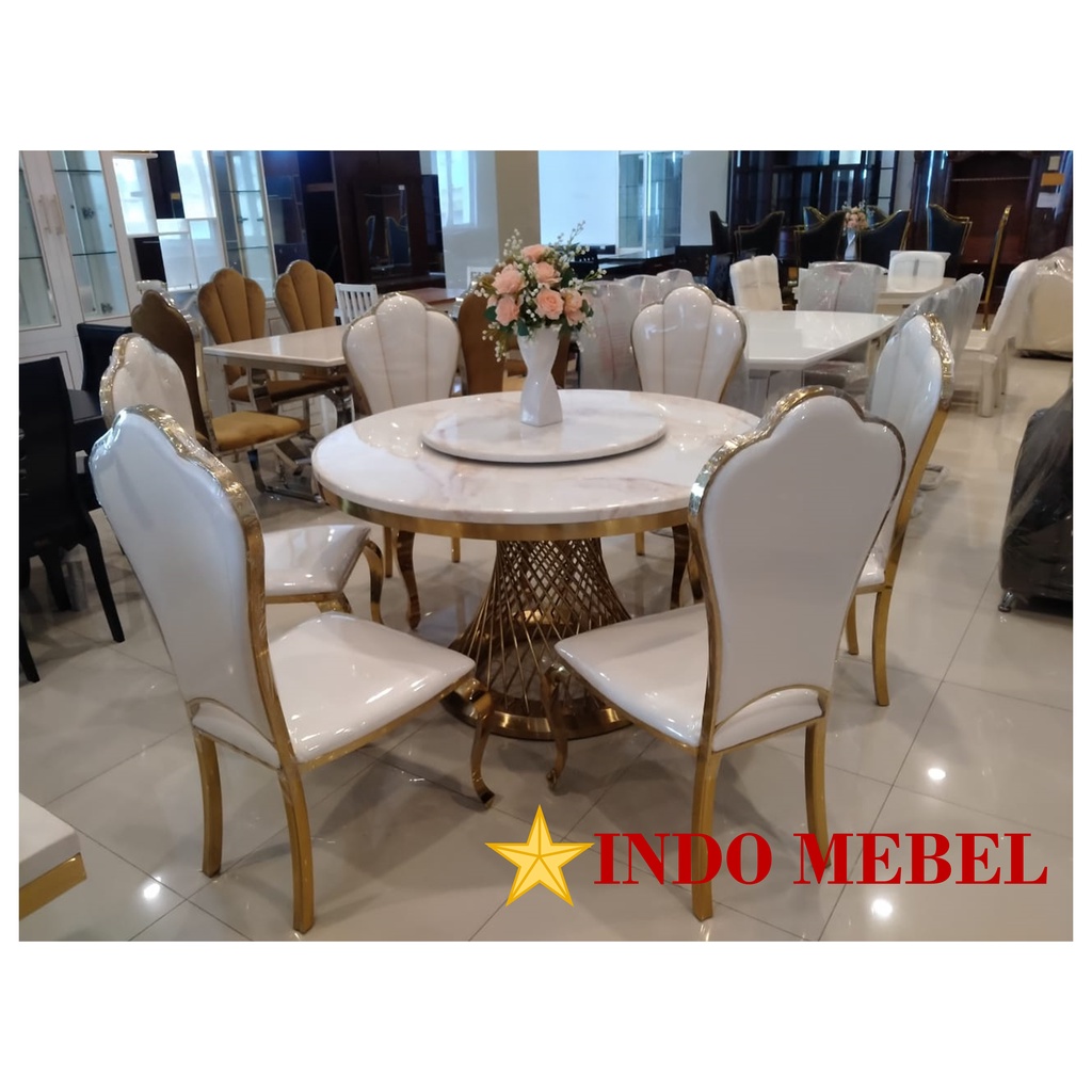 Meja Makan Marmer Bulat 6 Kursi Stenlis Gold H8715 White Import meja makan marmer minimalis premium 