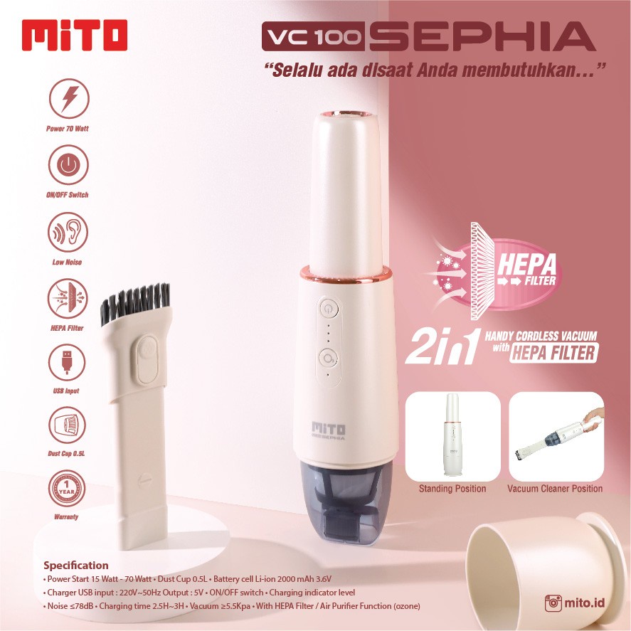 Mito Vacuum Vacum Cleaner VC100 Penyedot Debu VC-100 Sephia Cord Less Wireless