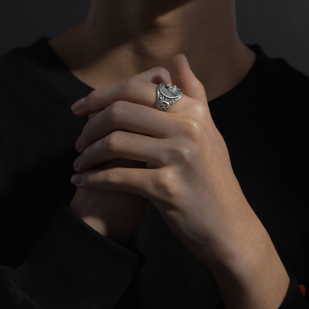 Cincin Jari Telunjuk Model Terbuka Desain Kepala Serigala Kecil Gaya Retro Untuk Pria