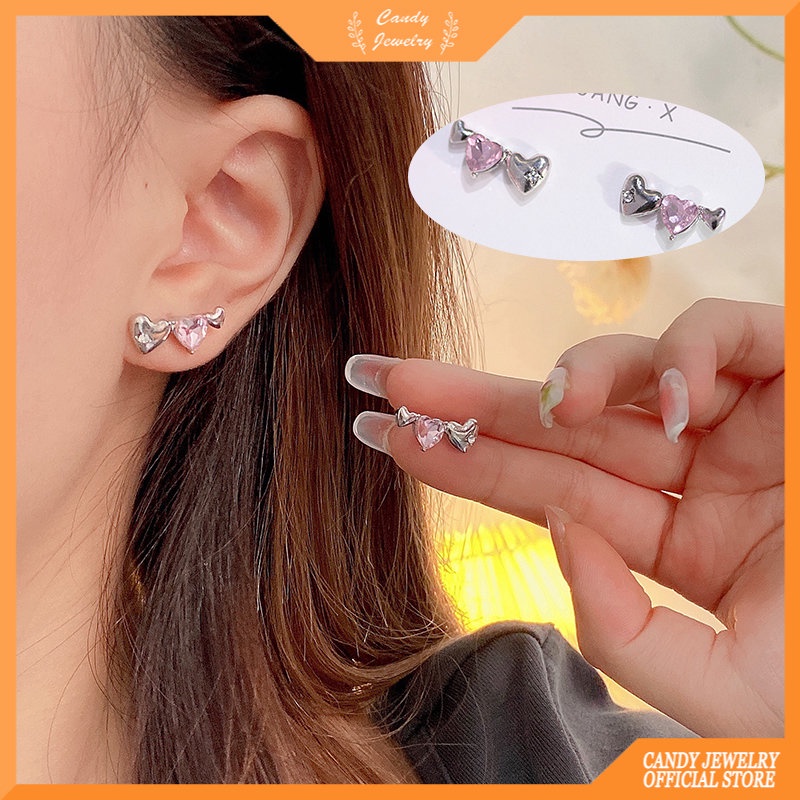 Anting Stud 925 Silver Bentuk Hati Aksen Berlian Warna Pink Untuk Wanita