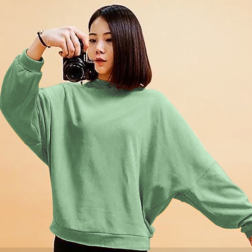 Sweater Wanita Polos Crewneck | Battwing Sweatshirt Oblong Polos | Baju Wanita | Bahan Fleece | Allsize