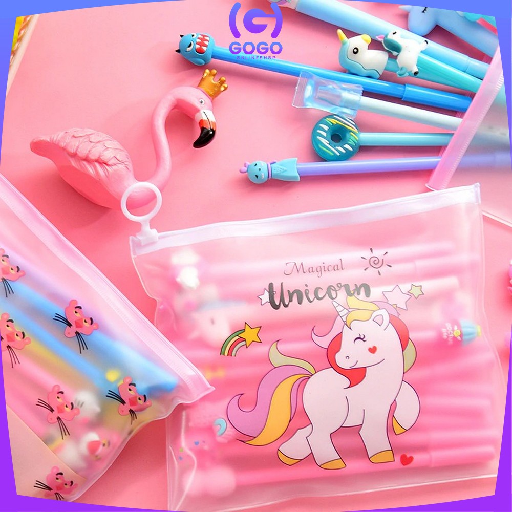 GOGO-A15 Pulpen Gel Karakter Lucu Set Isi 20PCS Pena FREE Zipper Pouch Tempat Pensil Transparan Murah