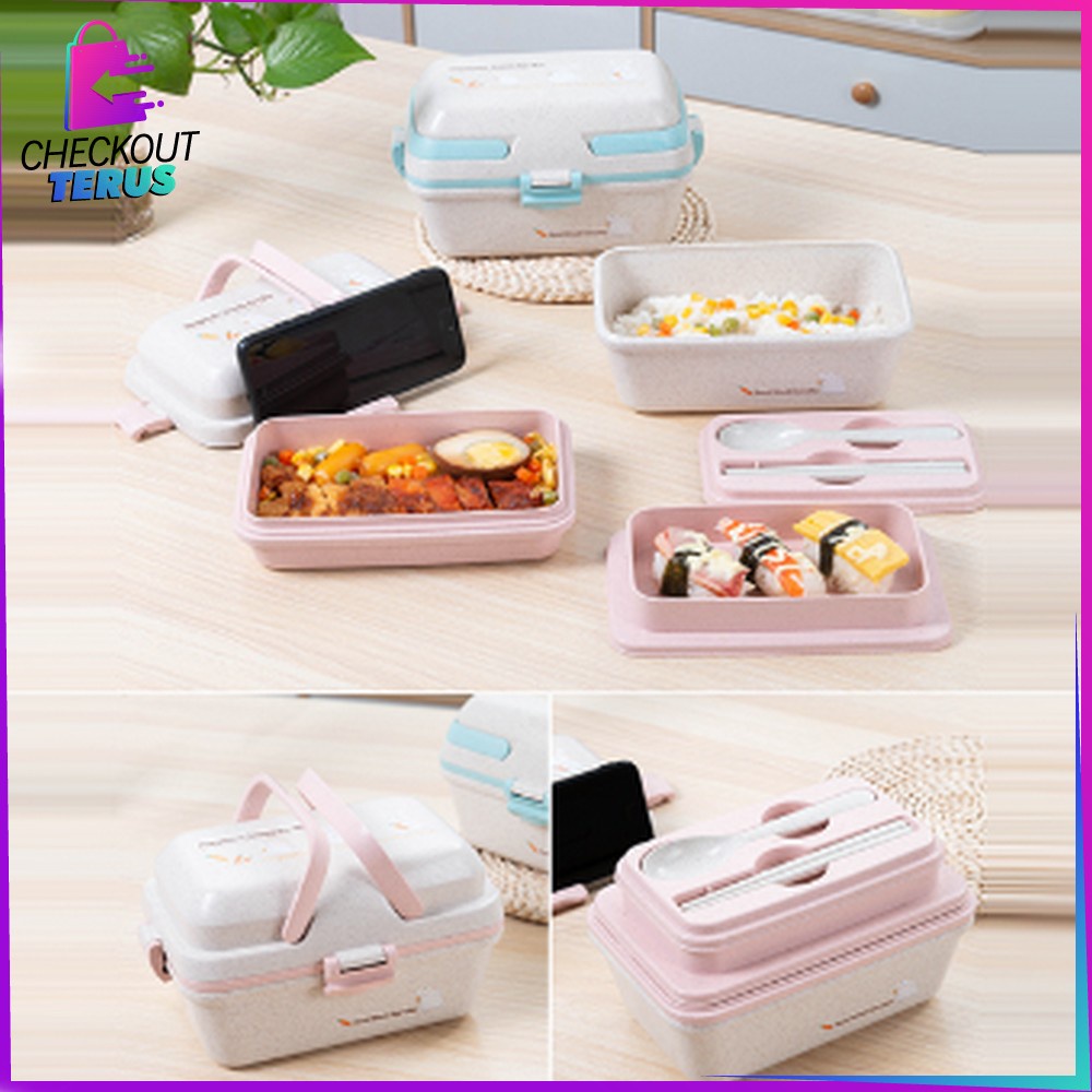 CT C693 Kotak Bekal Microwavable Bento Set Portable Anti Tumpah Lunch Box Set Free Sendok Sumpit Bahan PP Jerami Gandum BPA FREE