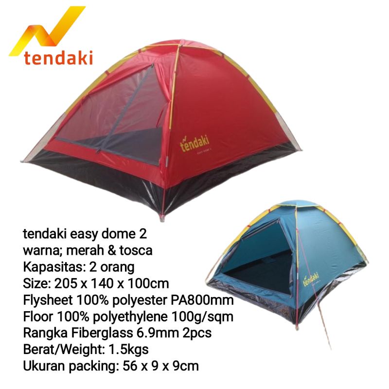 TENDAKI •Tenda Camping •Tenda Dome Terlaris  •Tendaki Easy Dome 2 Single Layer PA800mm Kapasitas 2 Orang