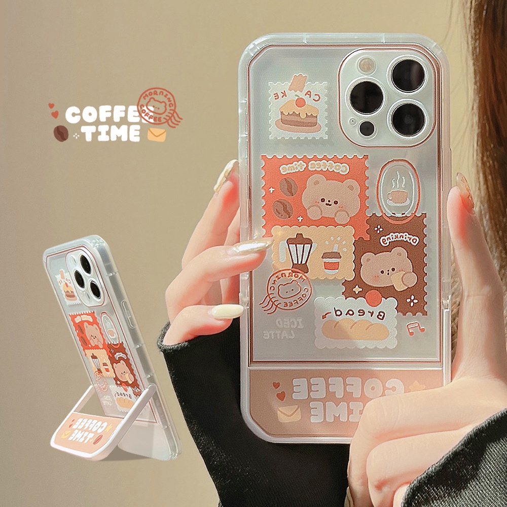 Case Holder Lipat Motif Kartun Beruang Kopi Waktu Untuk Iphone 7 8 PLUS X XR XS 11 12 13 14 PRO MAX SE