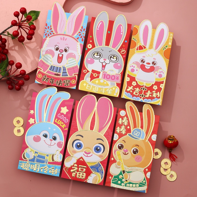 6 Pcs Amplop Angpao Motif Kartun Kelinci Warna Merah Untuk Tahun Baru Cina