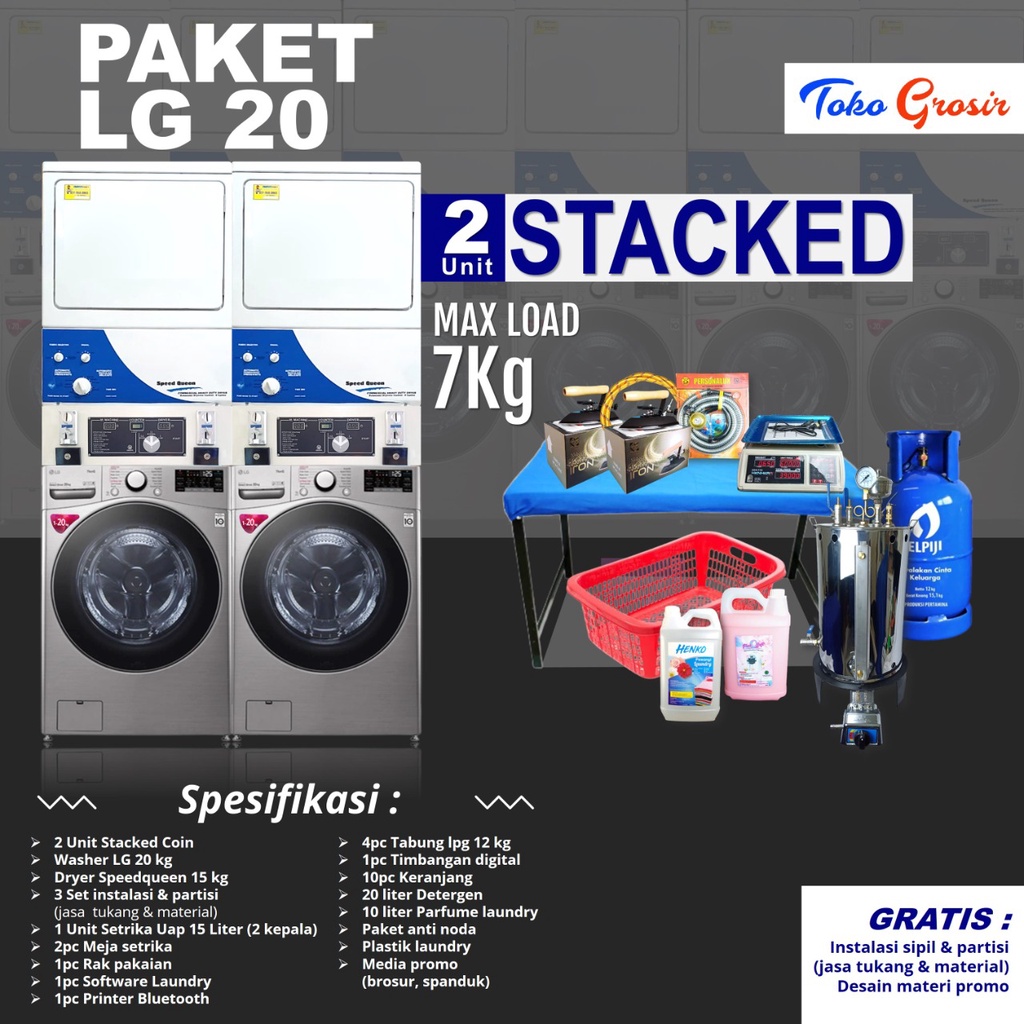 PAKET LAUNDRY COIN 2 STACKED WASHER LG 20KG - DRYER SPEEDQUEEN 15KG