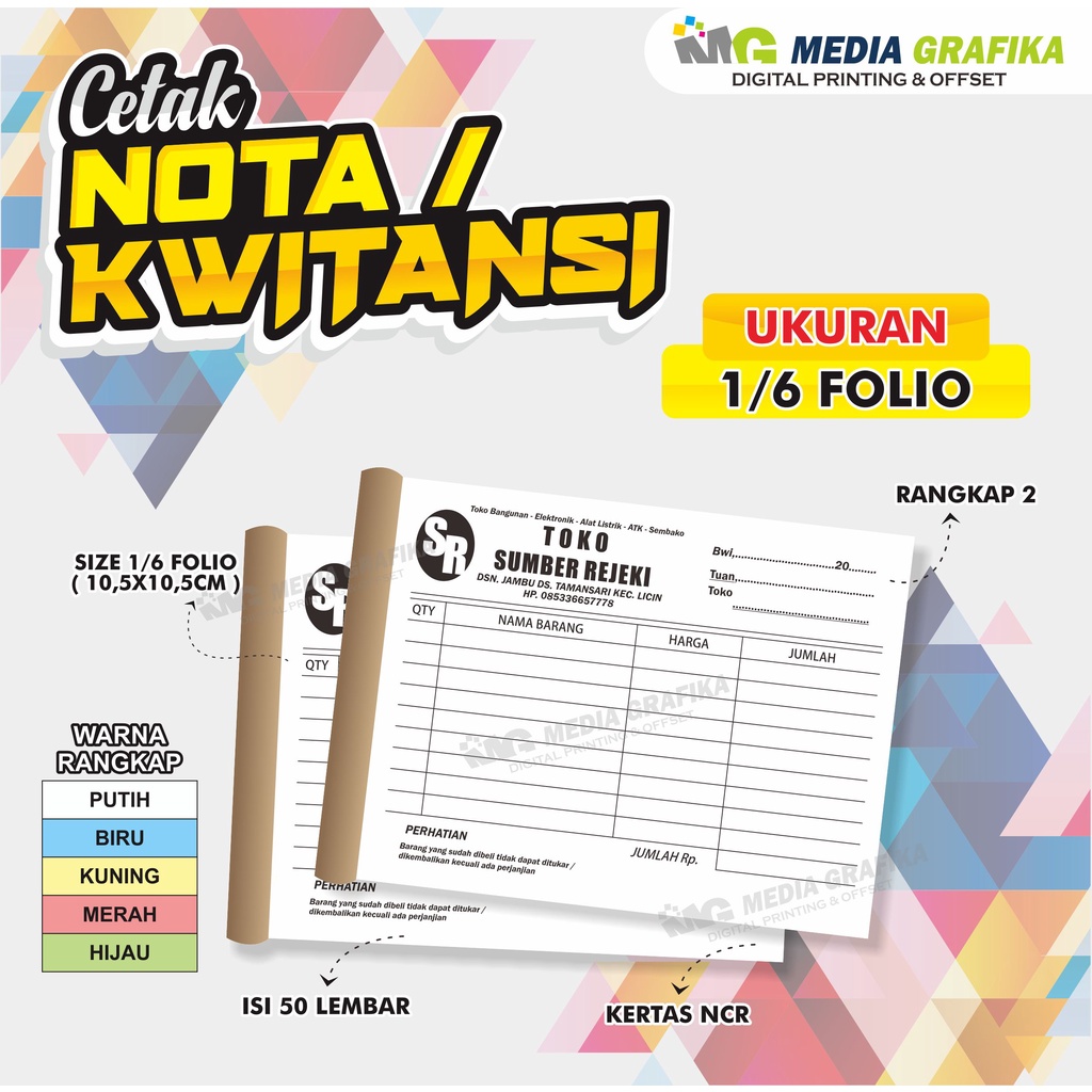 

NOTA 1 RIM, 2 RANGKAP, Porporasi, Nomorator, Ukuran 1/6 Folio