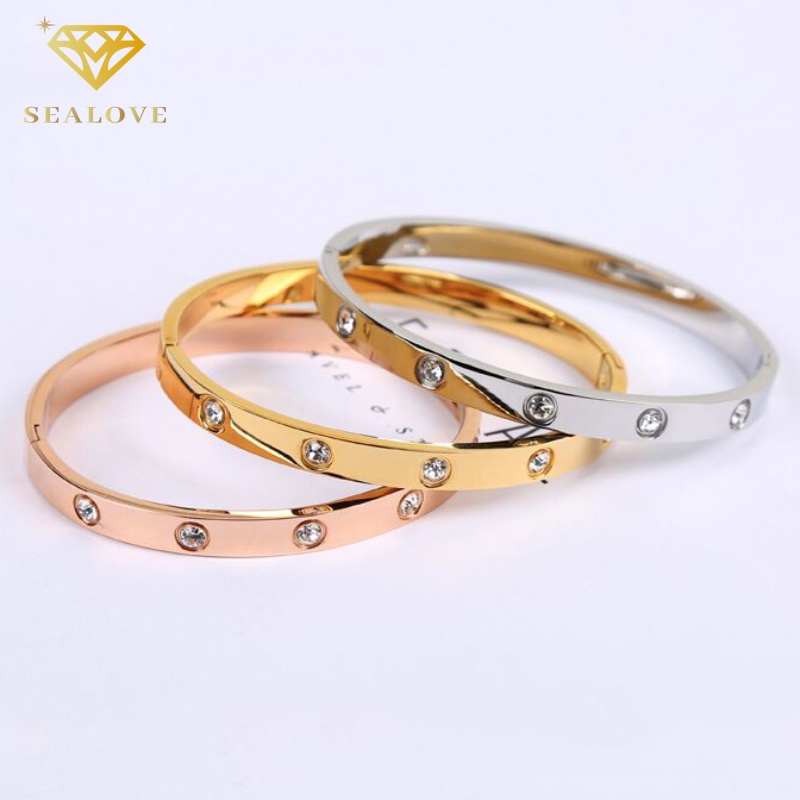 Gelang Tangan Titanium Wanita Berlian Premium Lapis Emas 18K Bulat Anti Karat Bangle Korea Perhiasan