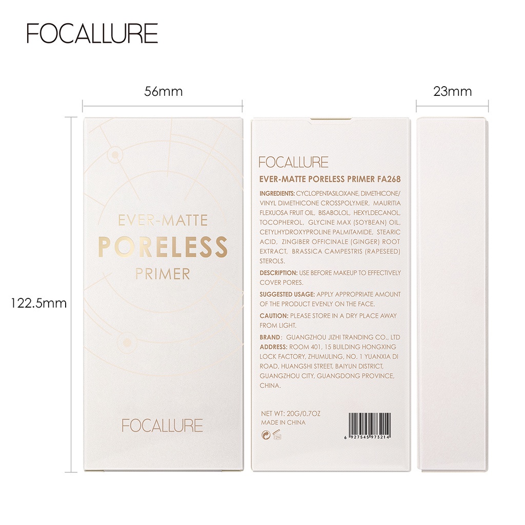 FOCALLURE Poreless Primer Cream Makeup Base -Ever Matte Primer Fine and Fairness Cream Flawless Foundation Base Ma FA268