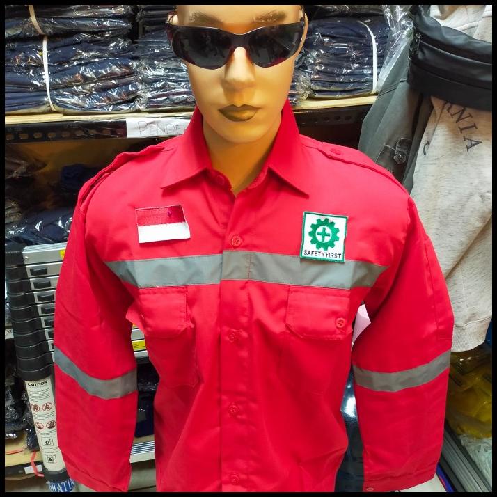 Baju Seragam Kerja Safety Merah / Baju Atasan Kerja Safety+ Logo K3
