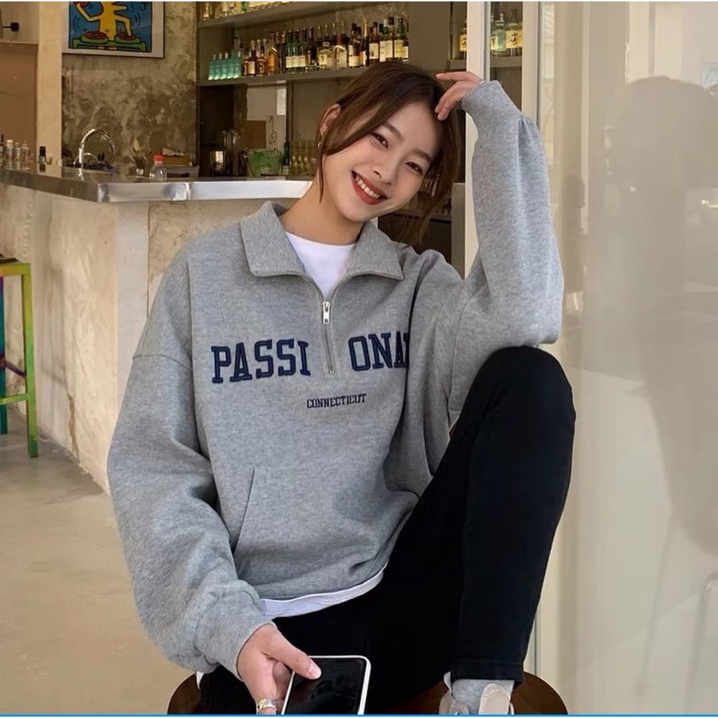 Sweater Bordir Oversize Kerah Passionate Zipper - Korean Style Sweatshirt - Baju Wanita - Bahan Fleece