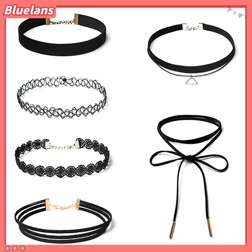 Bluelans 6Pcs / Set Kalung Choker Tali Rantai Liontin Bunga Hollow Untuk Wanita