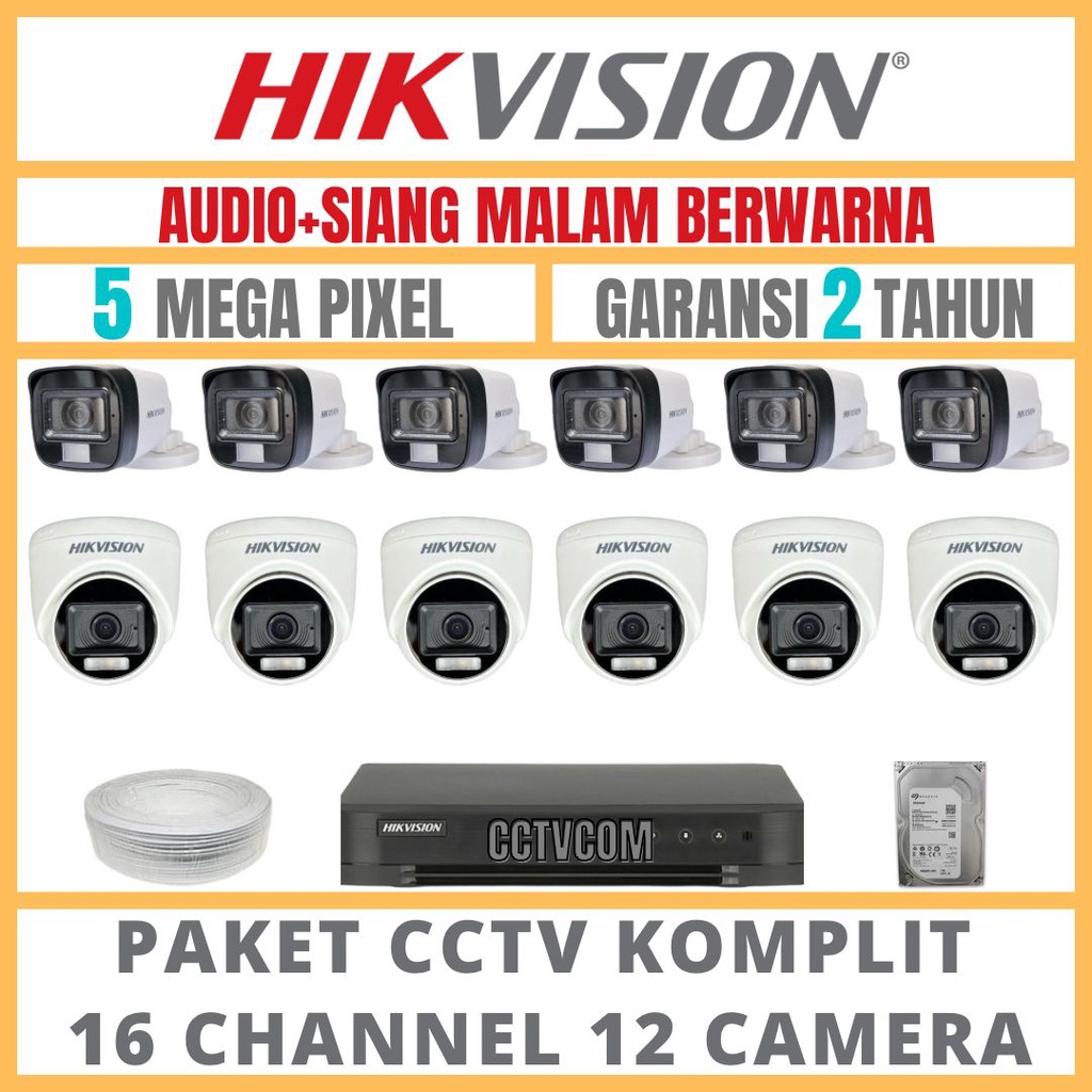 PAKET CCTV HIKVISION COLORVU 5MP 16 CHANNEL 12 CAMERA COLORFULL