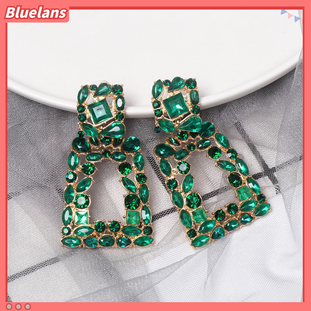 Anting Tusuk Gantung Desain Geometri Hollow Out Hias Berlian Imitasi Untuk Wanita