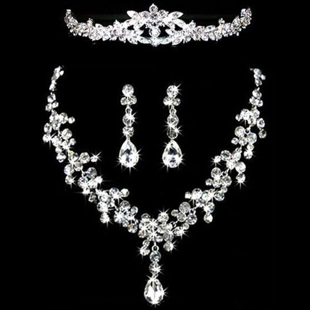 Needway   Set Perhiasan Pernikahan Pengantin Bergaya Shiny Hook Earrings Berlian Imitasi Disepuh Alloy Mahkota Kristal