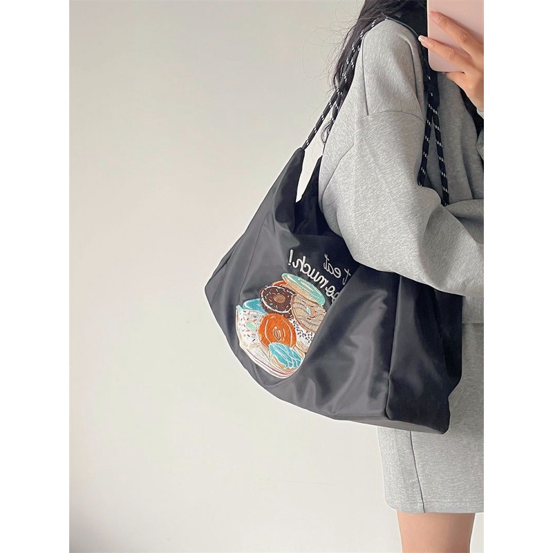 ₪Sera Jepang Niche Bordir Komuter Tas Kanvas Kapasitas Besar Nilon Tas 2022 Baru Wanita Bahu Tote Bag Pasang