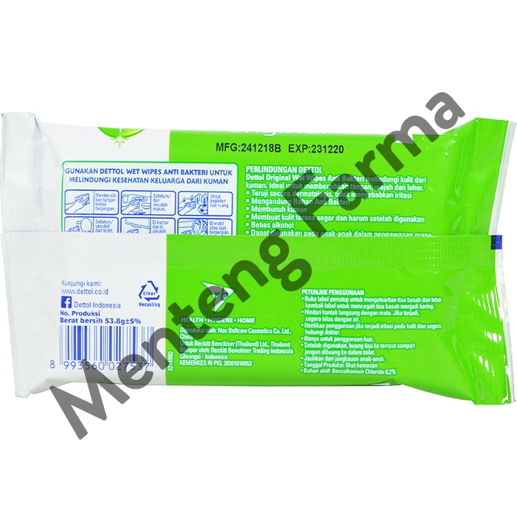 Dettol Anti Bakteri Wet Wipes Original Isi 10 Lembar