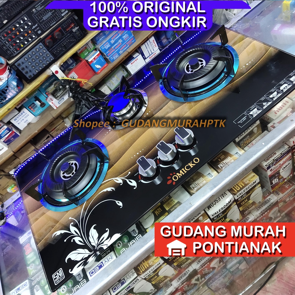 Kompor Gas Tanam OMICKO 3 tungku KT-013 KACA tempered glass  Mudah di bersih kan Bisa Di duduk kan di rak kompor atau di benam kan