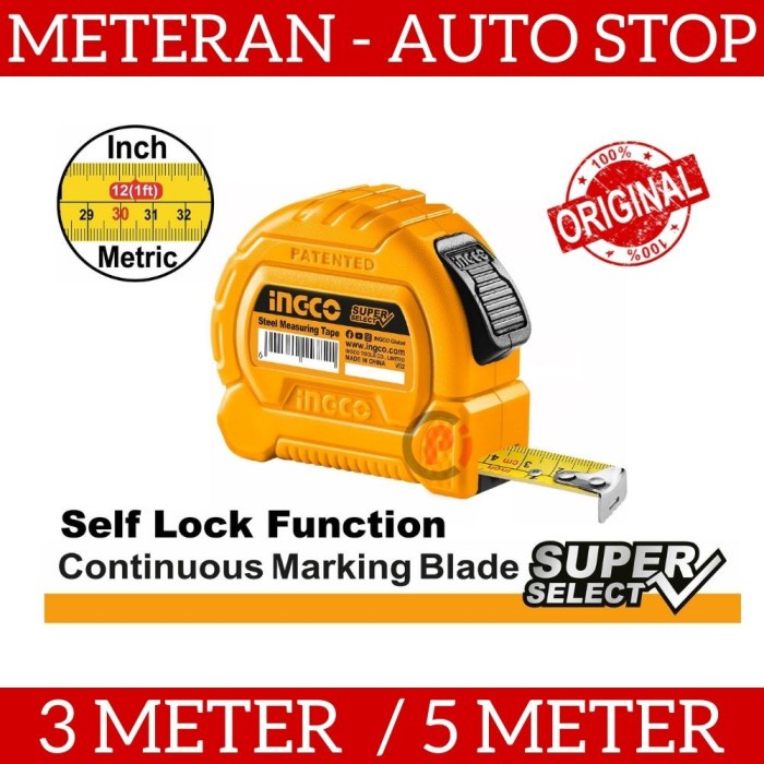 INGCO Meteran Alat Ukur Panjang Model Polos Auto Stop 3 dan 5 Meter