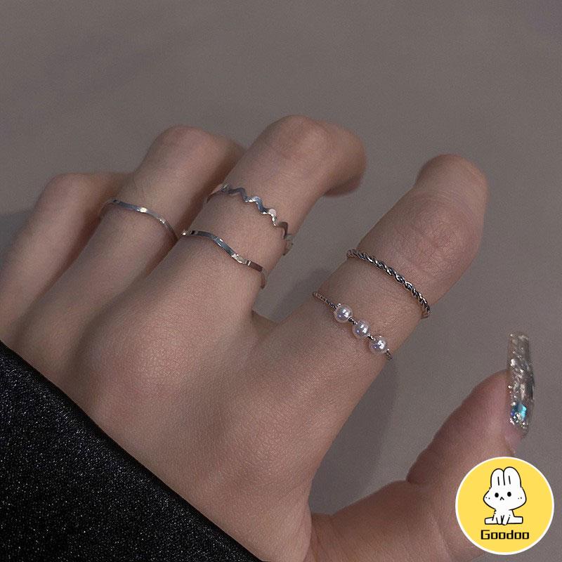 5 Pcs/set Cincin Korea Fashion Berlian Mutiara Aksesoris Untuk Wanita Rings-Doo