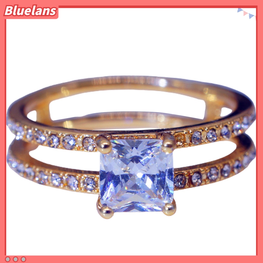 Bluelans Cincin Wanita Model Lapis Ganda Bentuk Persegi Aksen Berlian Imitasi Untuk Pernikahan