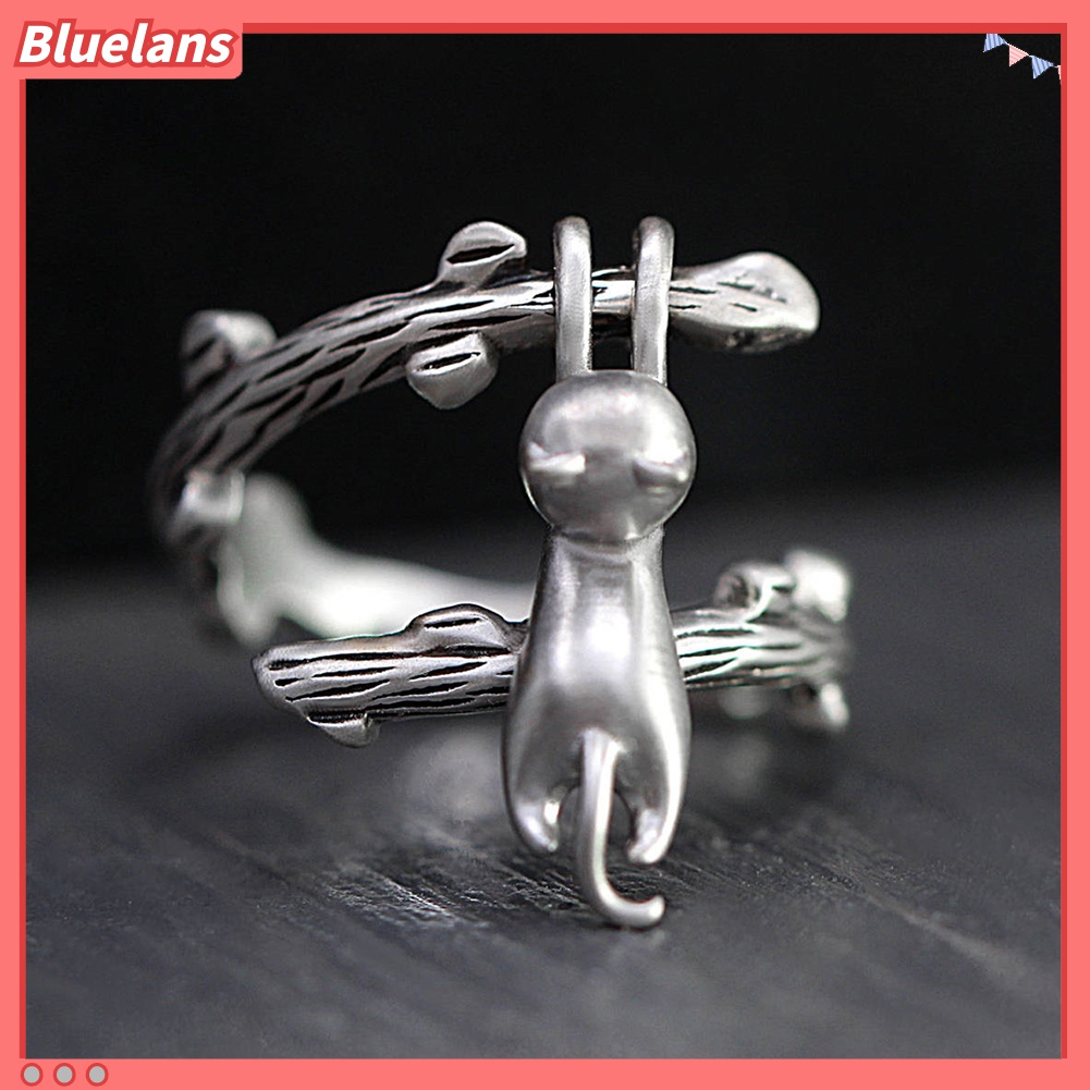Cincin Model Terbuka Desain Cabang Pohon Kucing Bahan Logam Untuk Wanita