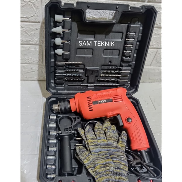 Bor listrik Dekwe 13mm set - Bor Impact drill bolak balik - tembok kayu besi taso