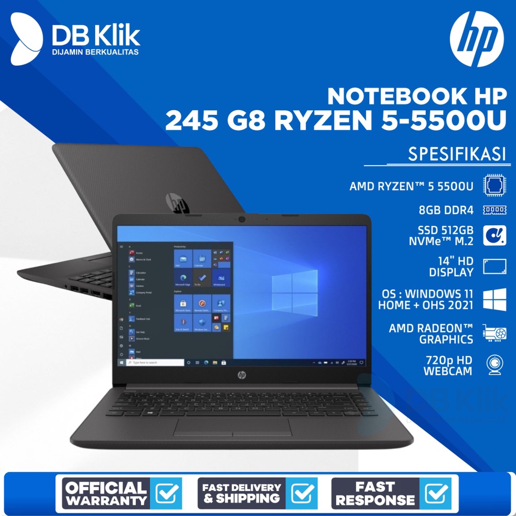 Notebook HP 245 G8 Ryzen 5-5500U 8GB SSD 512GB NoDVD Windows 11 14&quot;