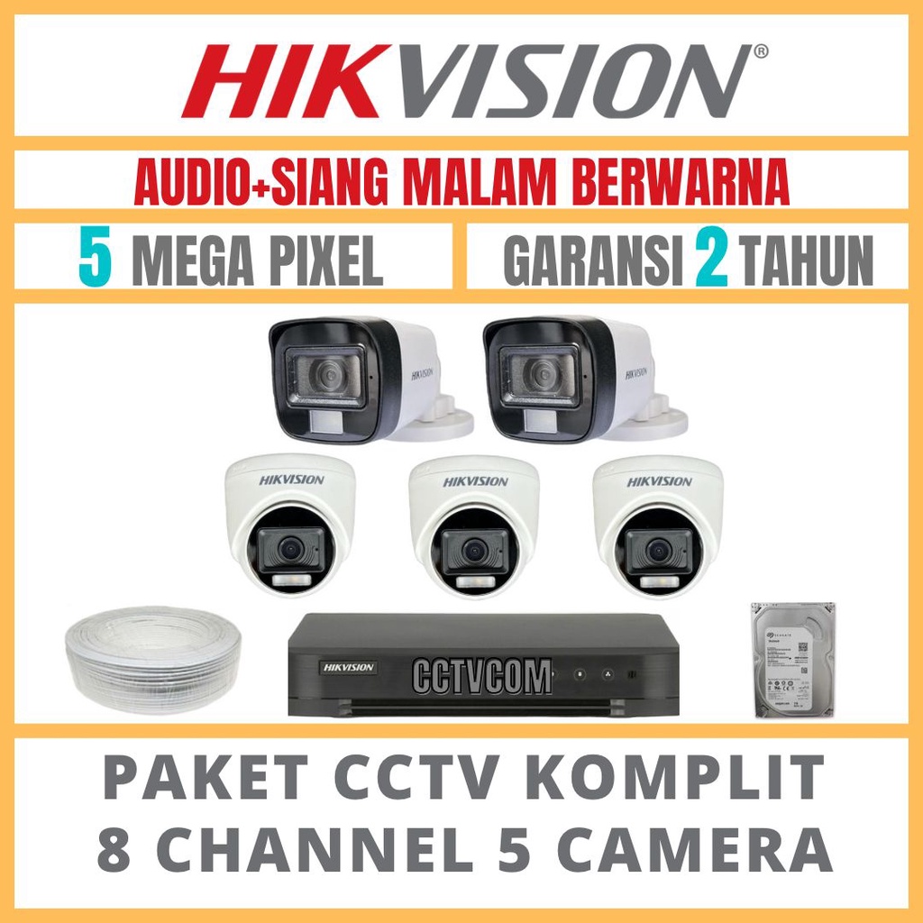 PAKET CCTV HIKVISION COLORVU 5MP 8 CHANNEL 5 CAMERA TURBO HD COLORFULL